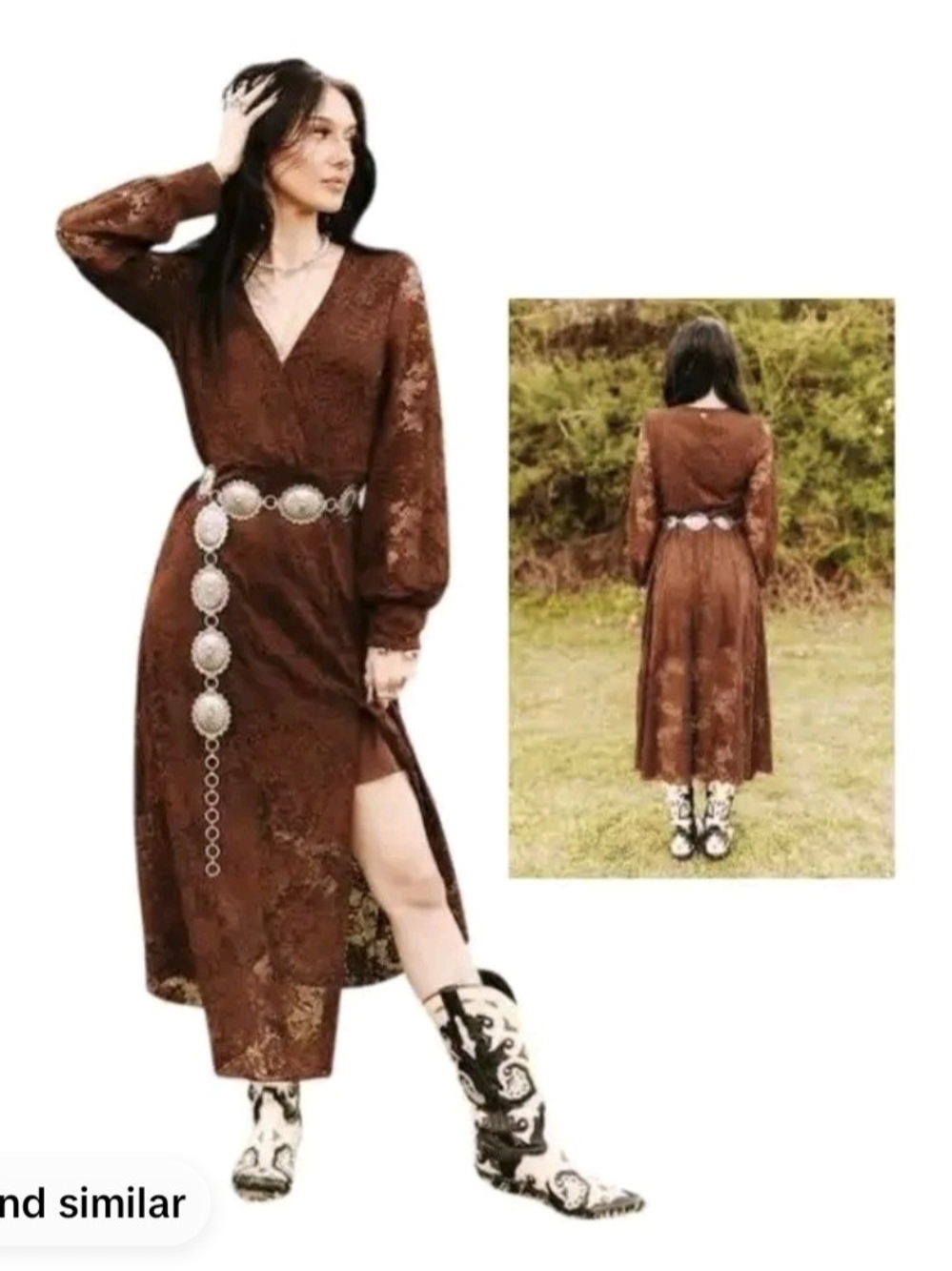 Brown Lace Midi Dress with V-Neck and Long Sleeves — Chic Boho Style